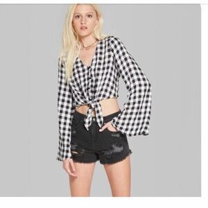 Wild Fable Black White Gingham Tie Front Crop Top Bell Sleeve Button Up NWT Size